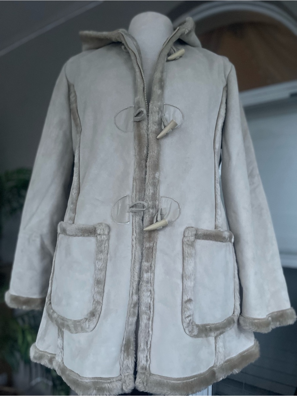 Women's Faux Shearling Toggle Pea Coat in Light Beige